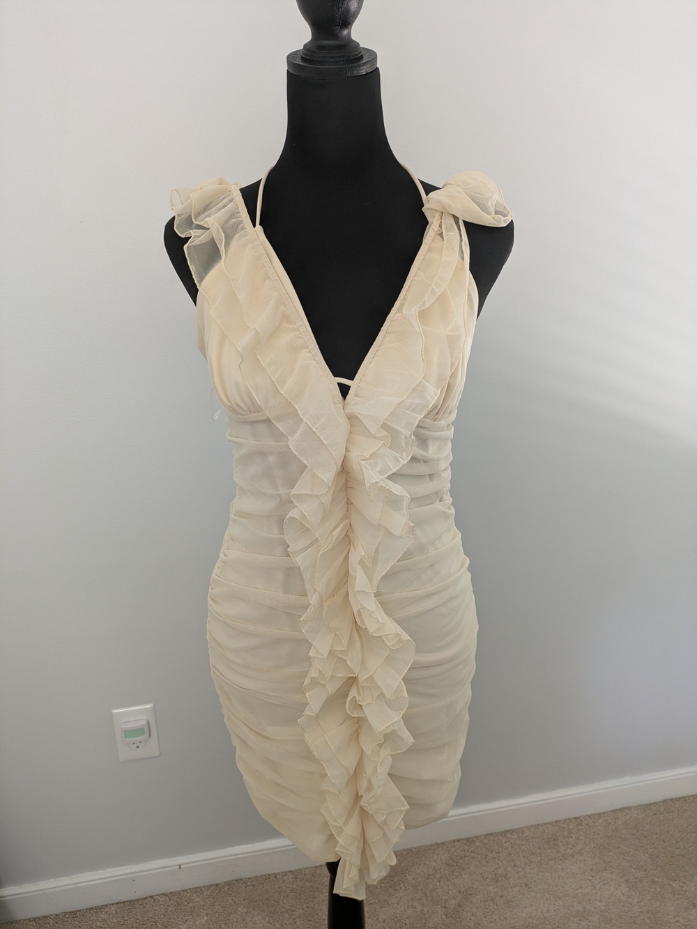 Oh Polly "Calico Cross Strap Ruffle Mini Dress" Size 10 Halter Sheer Ruche